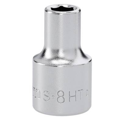 A shiny metal socket with a hexagonal opening, labeled '8 HT Chrome Vanadium'. Used for turning fasteners with a wrench or ratchet.
