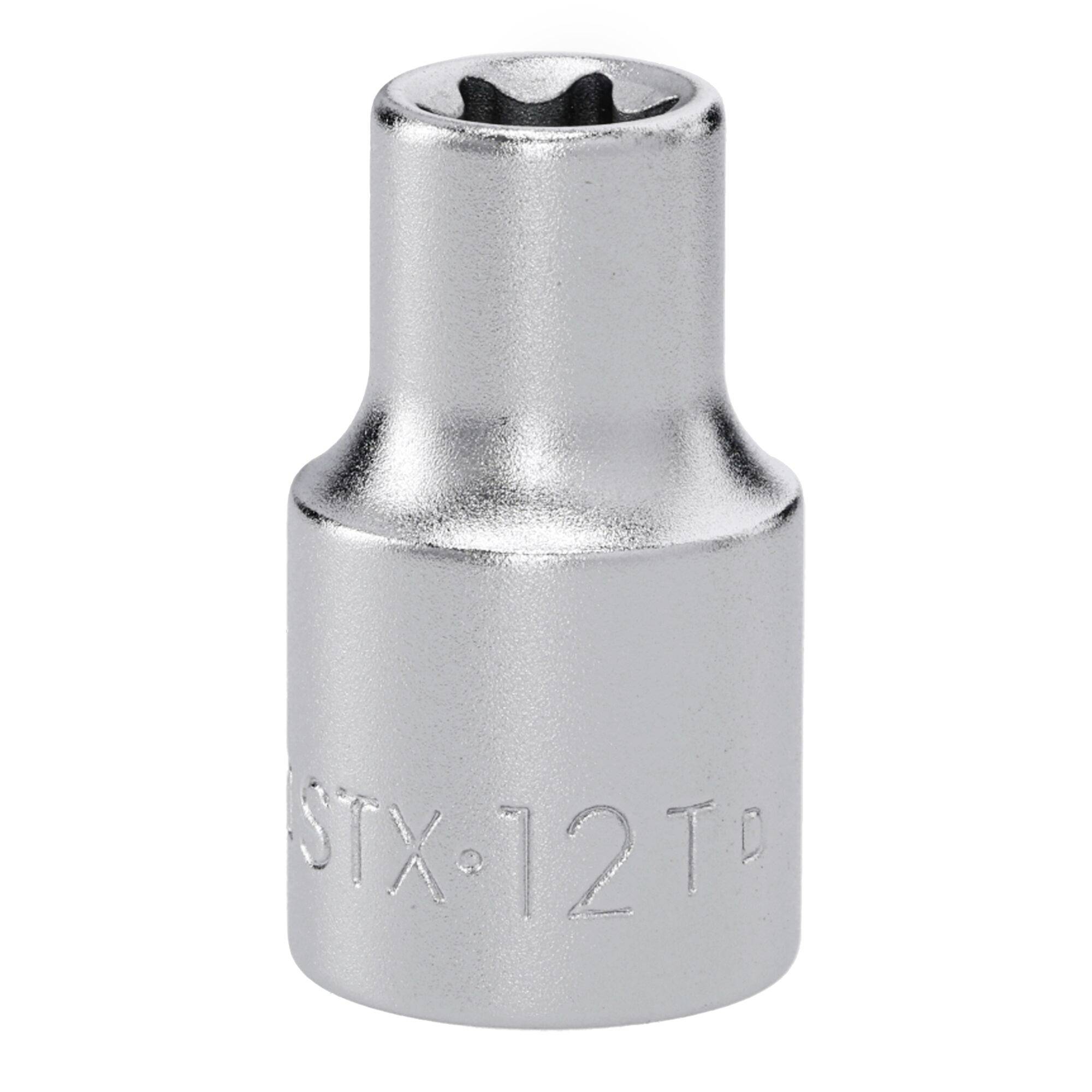 'A small silver socket with a Torx bit, engraved with STX-12 T.'