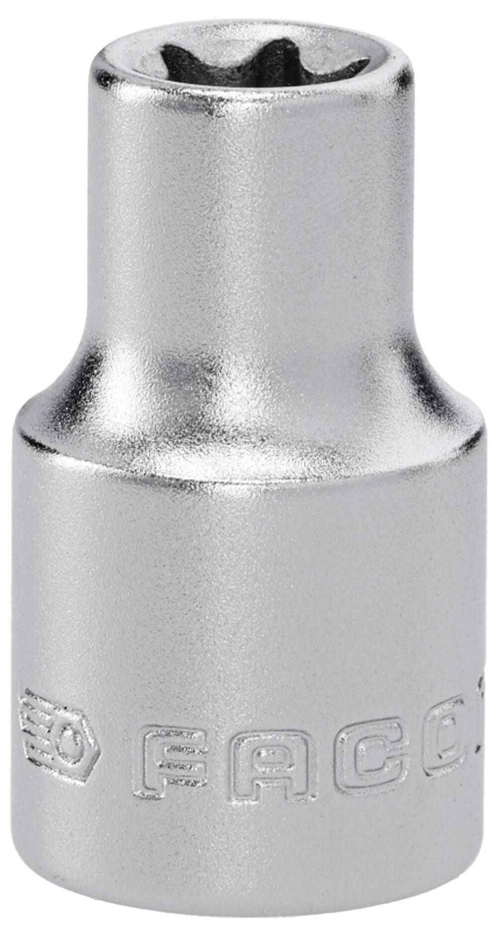 A silver metal socket with hexagonal opening and engraved brand name, used to fit over a nut or bolt for tightening or loosening.