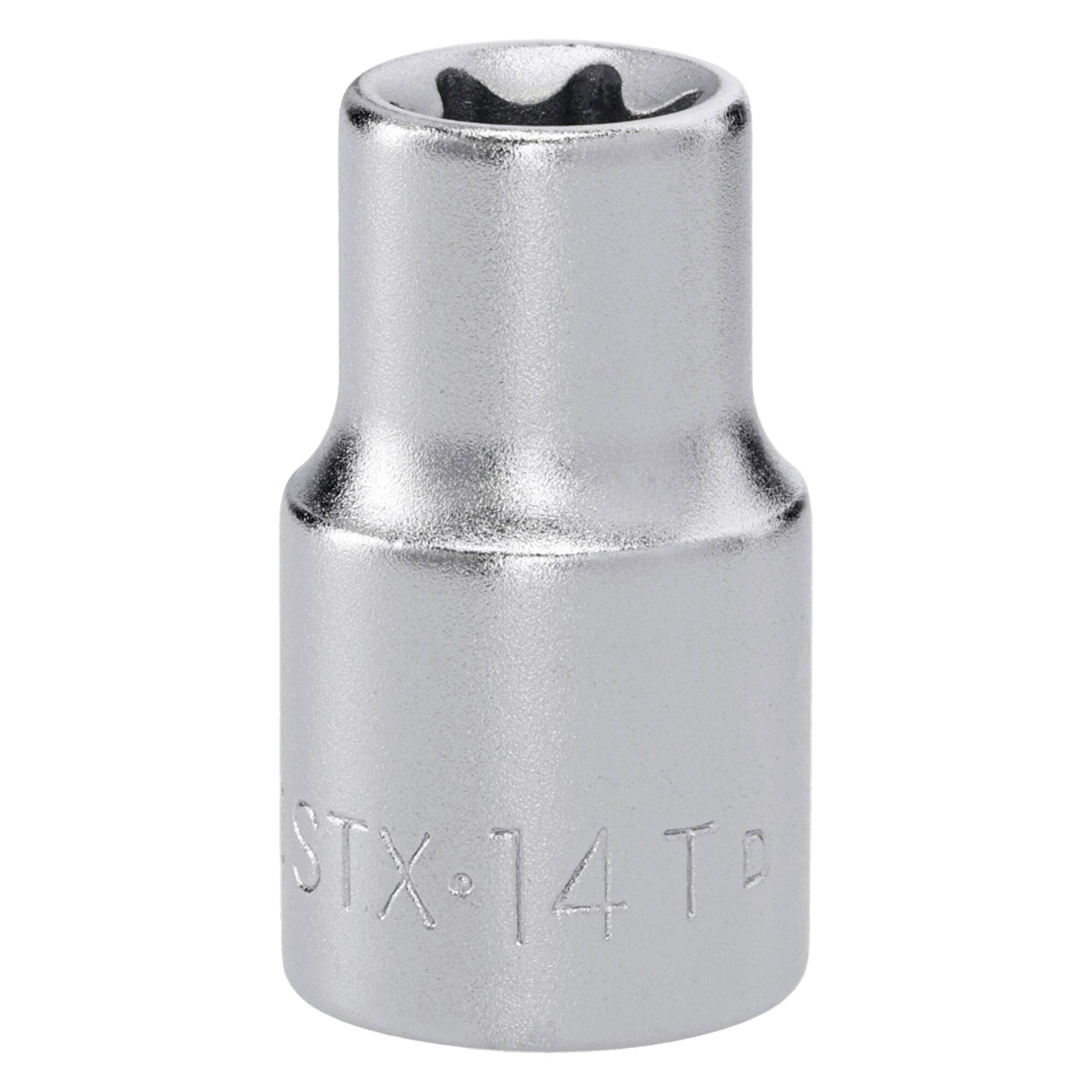 A silver socket tool with a hexagonal opening, labeled 'STX-14 T'.