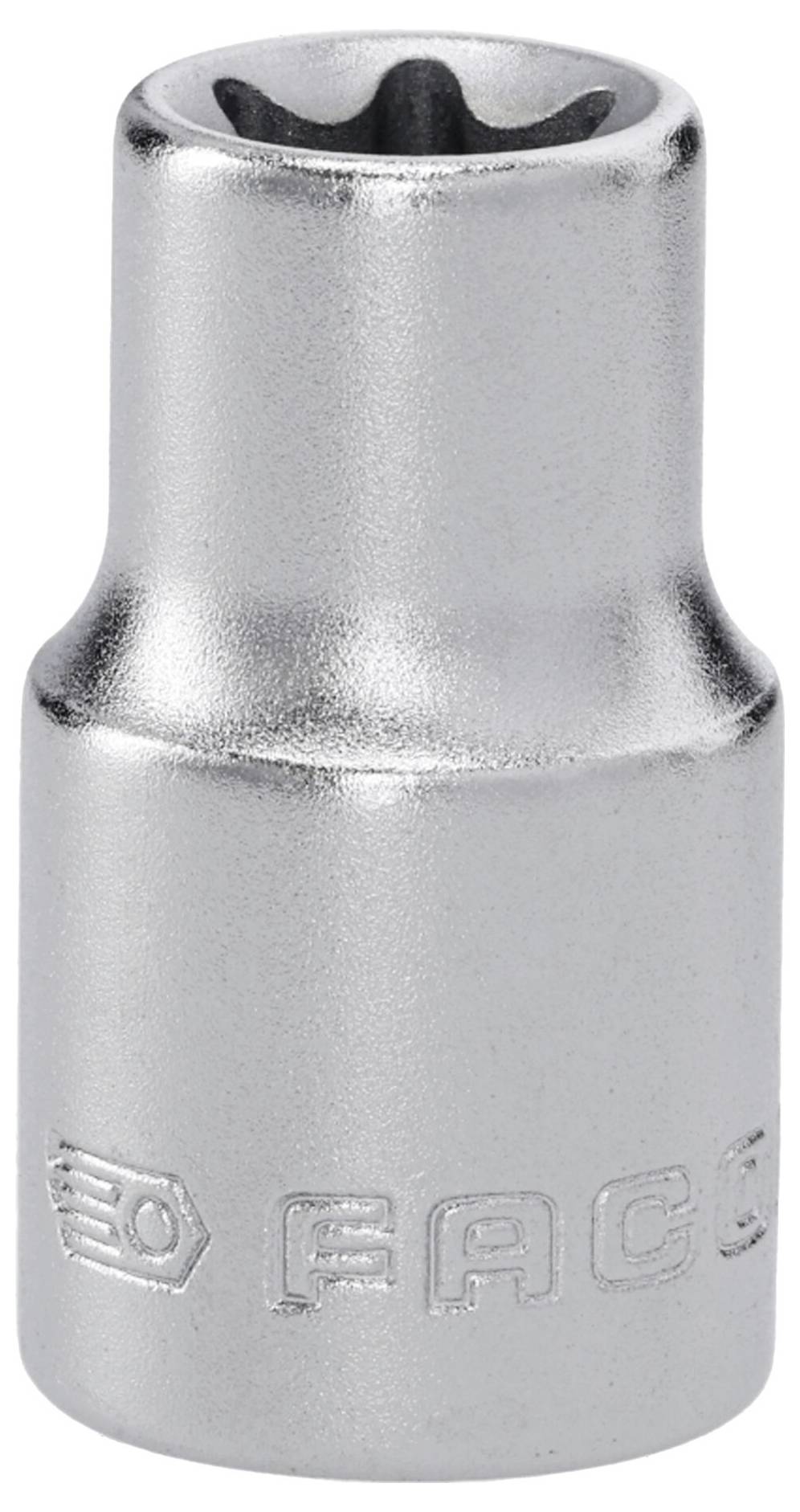 A shiny metal socket wrench attachment with hexagonal opening, used for tightening or loosening nuts and bolts.