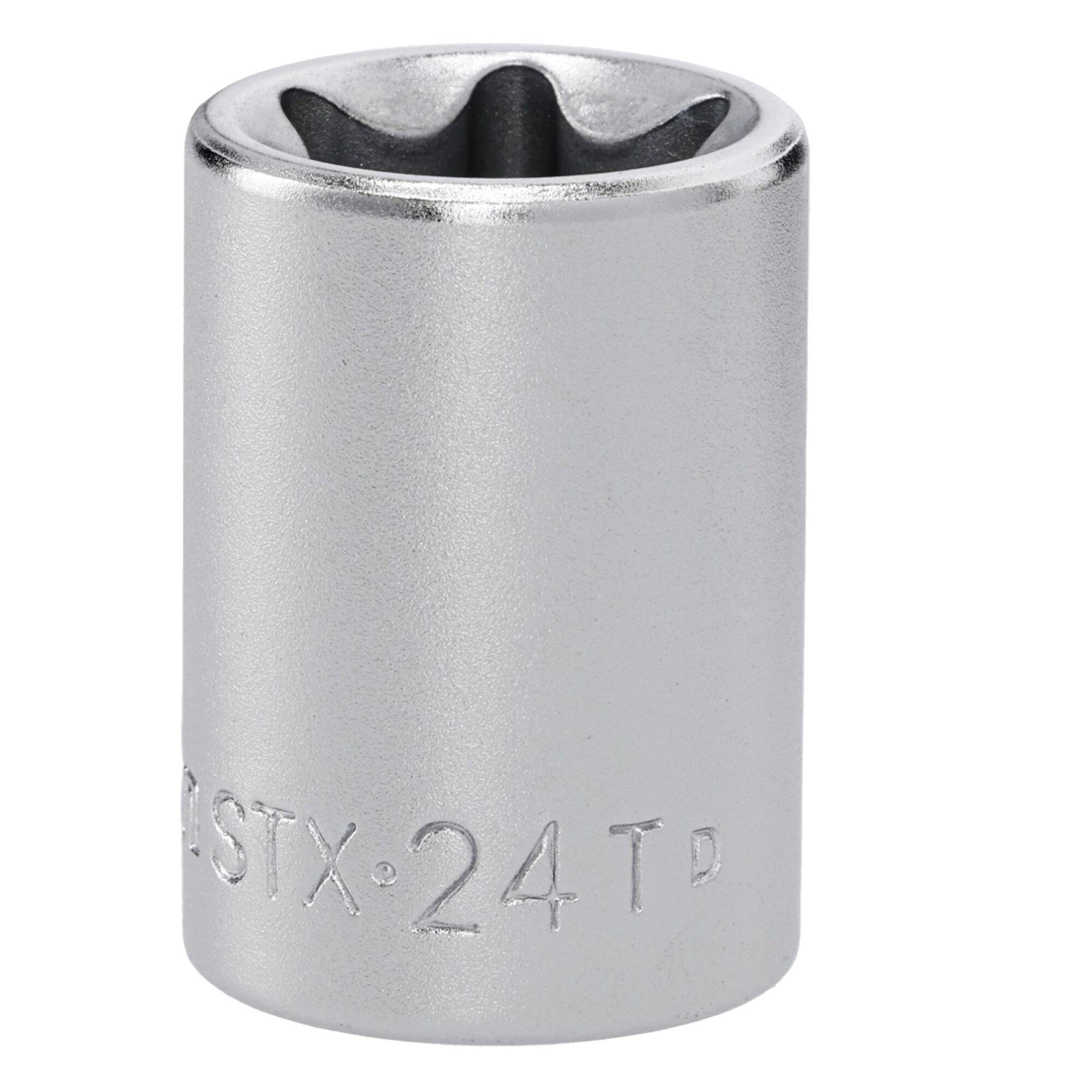 A silver 24 millimeter metal socket used for turning nuts and bolts, featuring a star-shaped interior for improved grip and torque.
