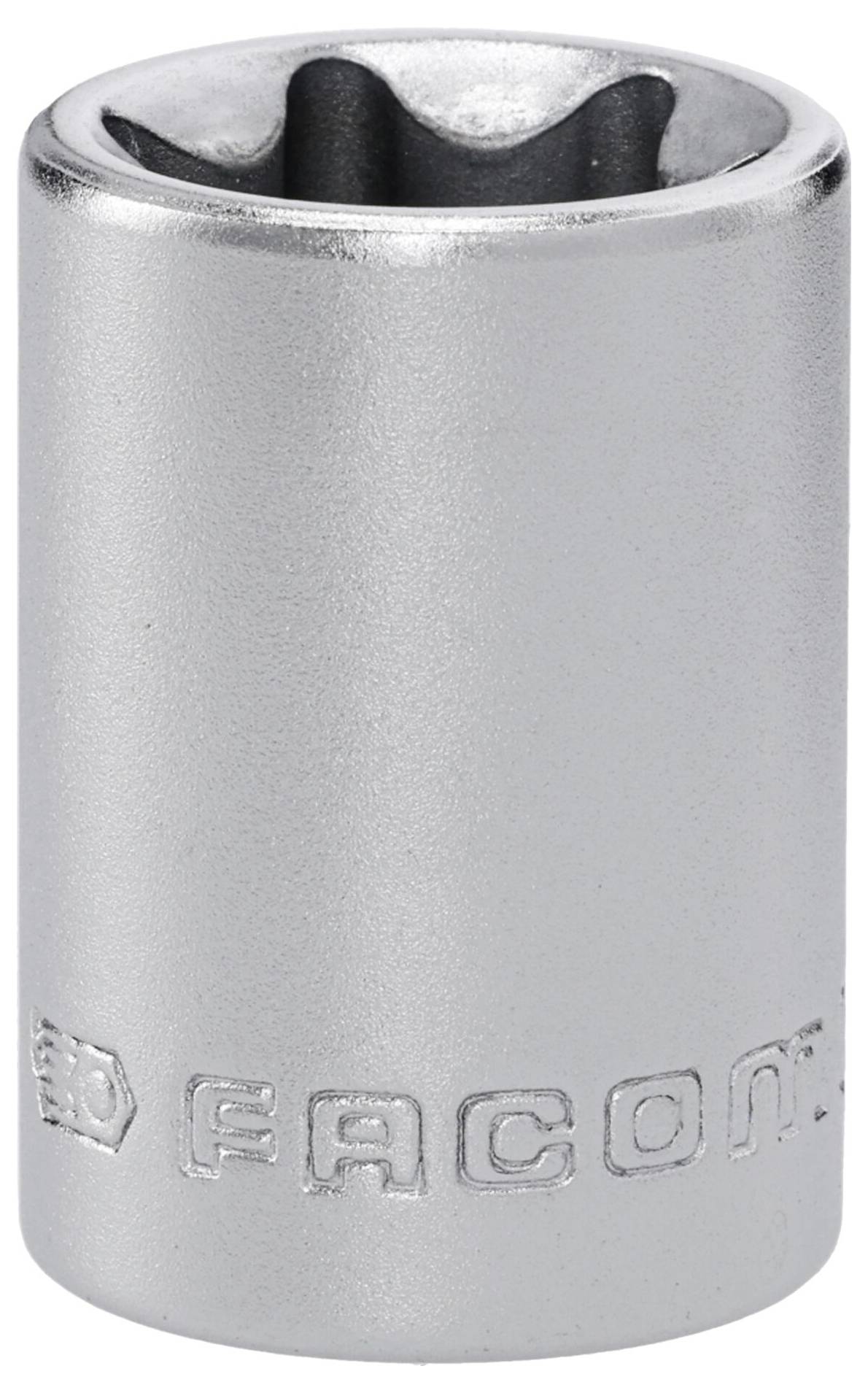 A silver socket tool with 'Facom' engraved on it, used for tightening or loosening nuts and bolts. The socket has a hexagonal opening.