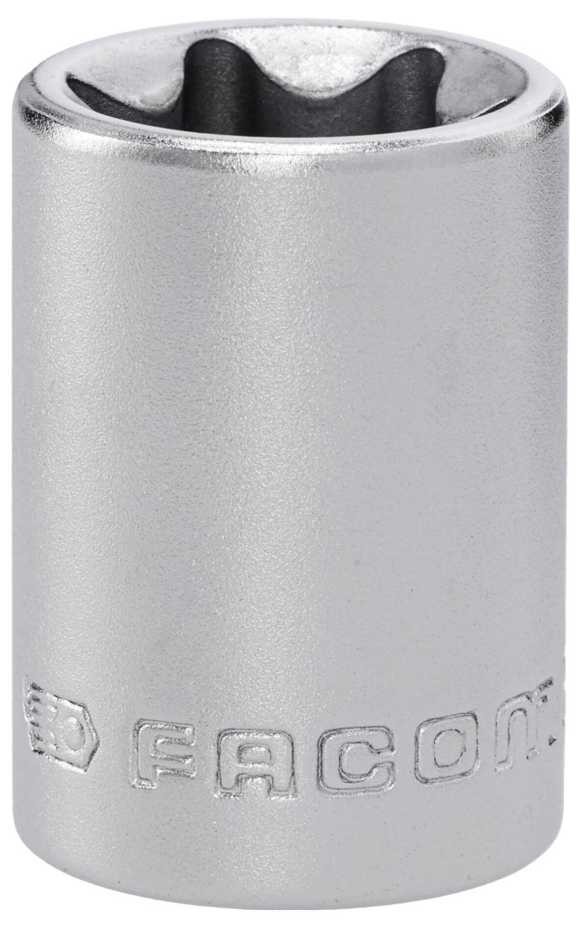 A chrome socket wrench head with the brand name 'Facom' engraved on the side, designed for mechanical use.