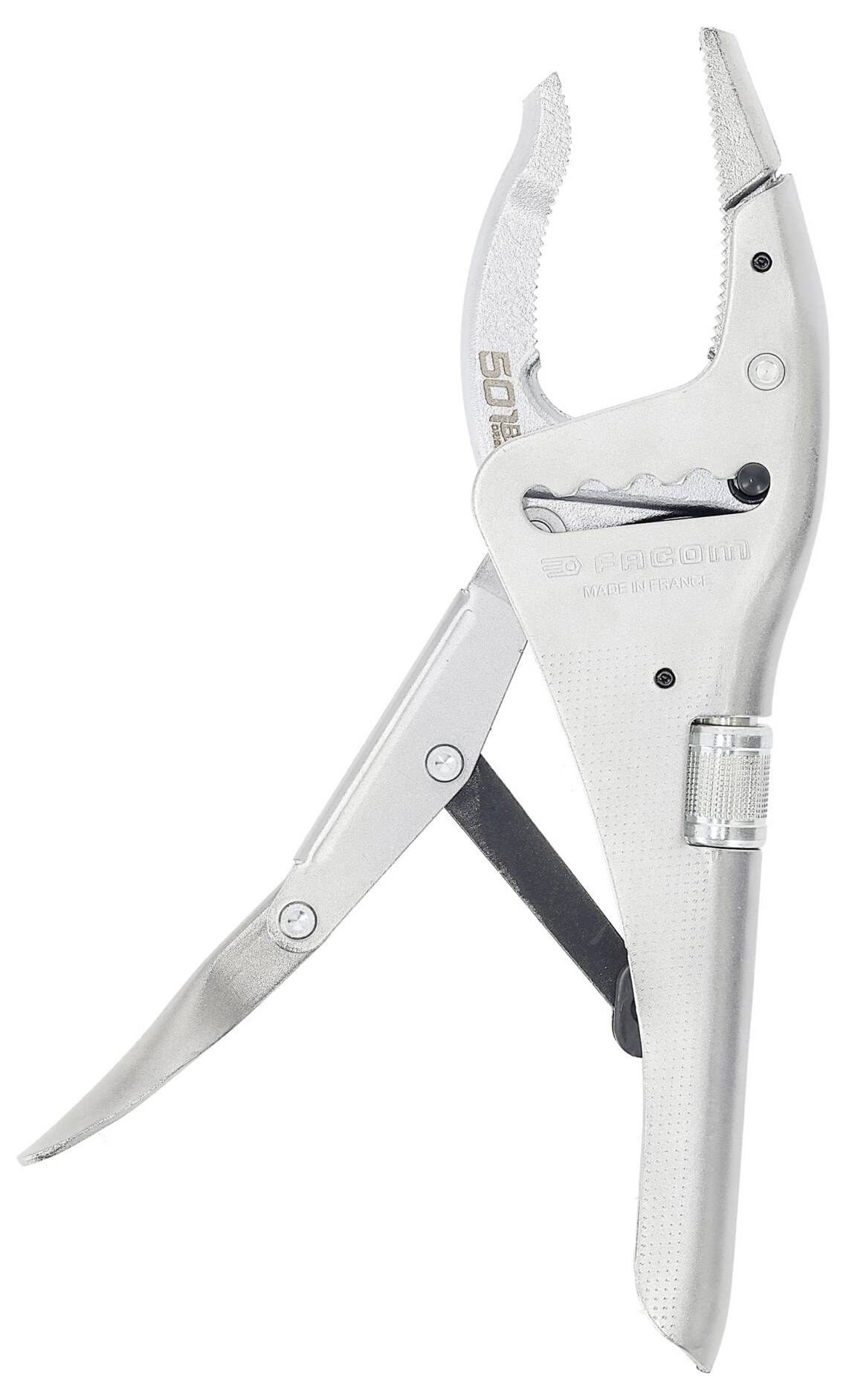 A metallic locking plier with ergonomic handles and a curved jaw, designed for gripping and holding objects securely.