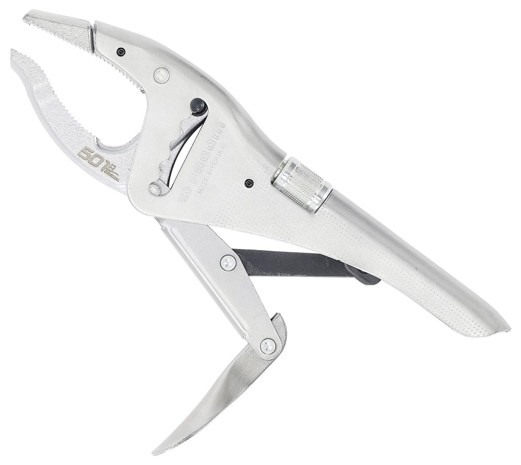 A silver adjustable wrench with a gear mechanism, designed for gripping and turning objects of various sizes.