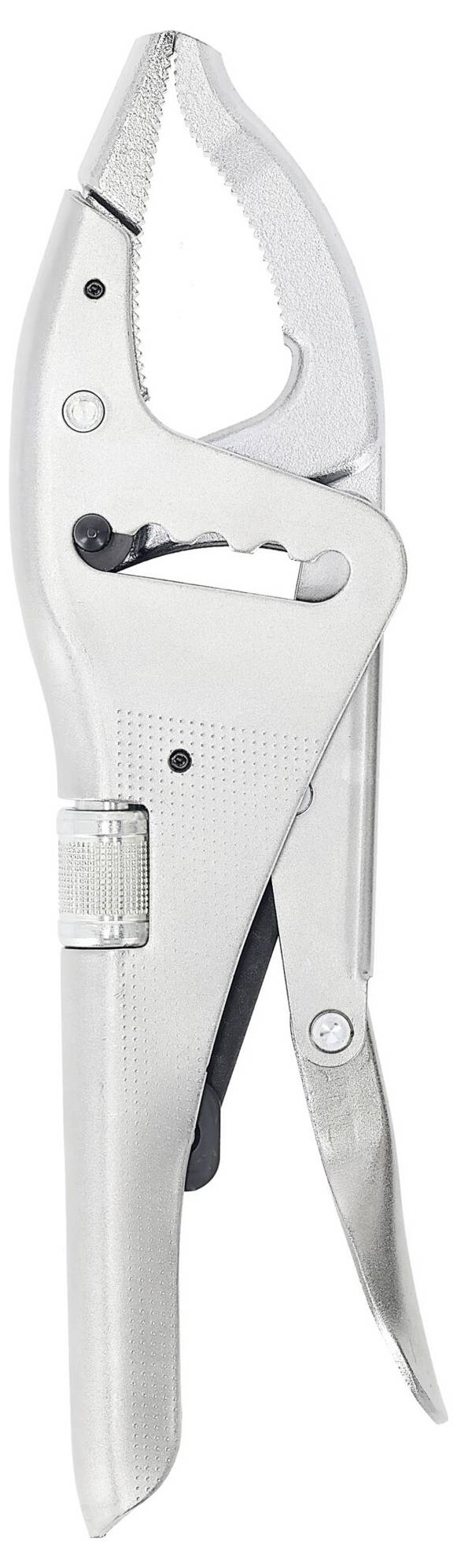 A silver locking plier with a curved jaw and adjustment knob, used for gripping and holding objects tightly.