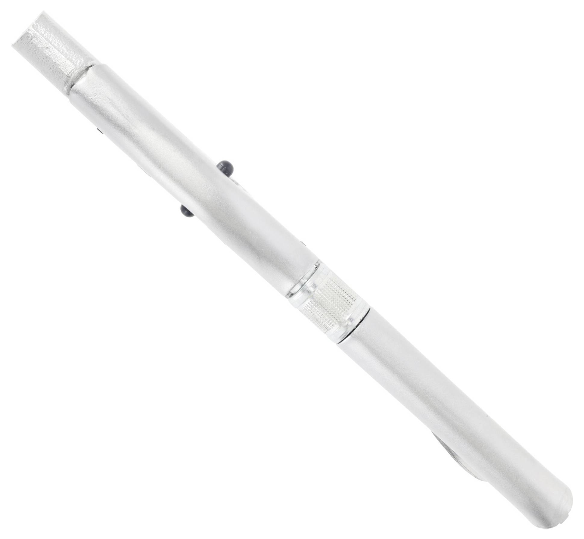 A metallic, cylindrical pen with a sleek design and clip, lying diagonally, against a white background.