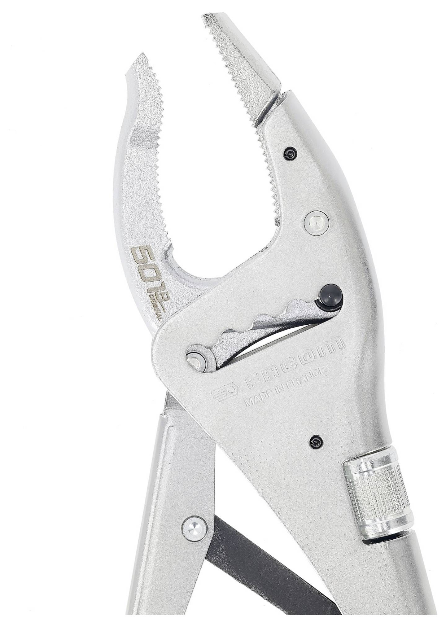 A silver adjustable locking plier with serrated jaws, a curved handle, and a release lever, marked with '5012 Cr-Mo.'