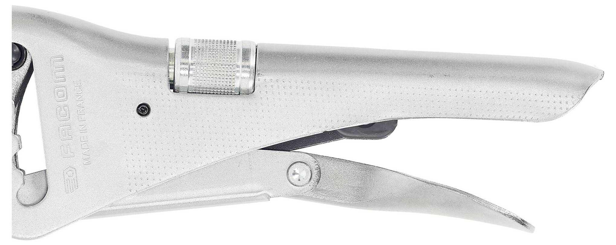 A close-up image of a silver locking plier with textured handle and adjustment screw, showcasing the grip and jaw mechanism.