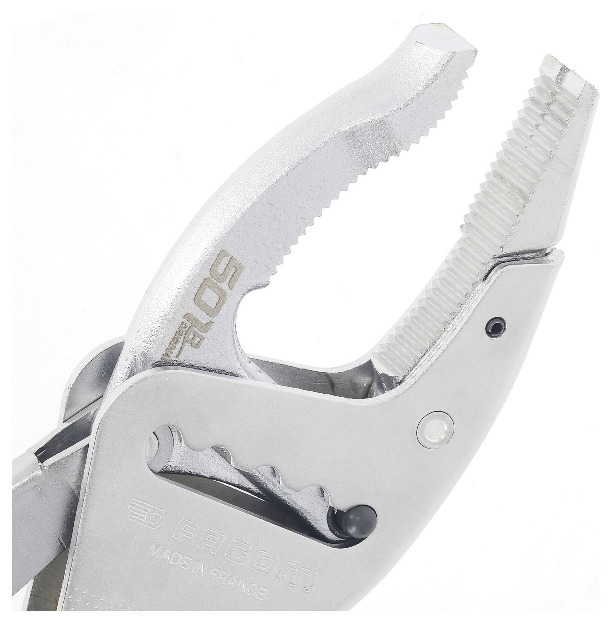 Close-up of a metallic adjustable wrench with serrated jaws, showing the model number '90' engraved on its handle.