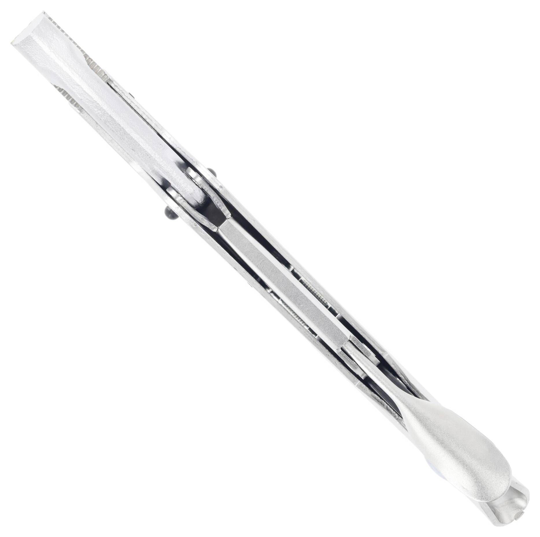 A sleek, futuristic silver and chrome object with smooth curves and a polished finish, possibly a component of a mechanical or electronic device.
