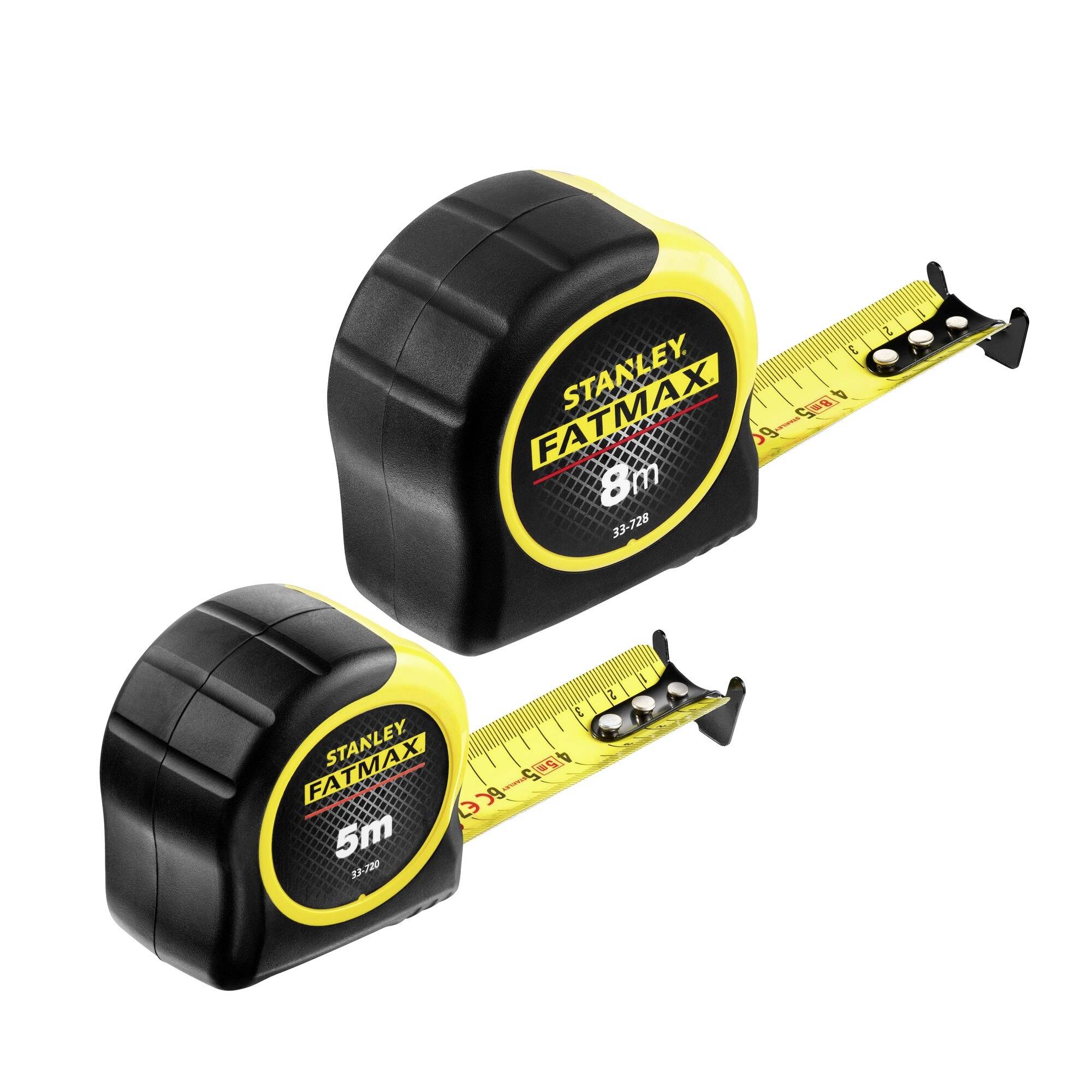 Two Stanley FatMax tape measures, one 8m and one 5m, with yellow extended tape and black casing, displayed on a white background.