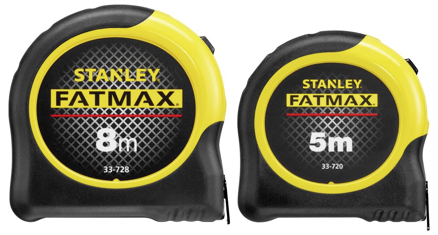 'Two black and yellow tape measures labeled Stanley FatMax, with lengths of 8m and 5m.'