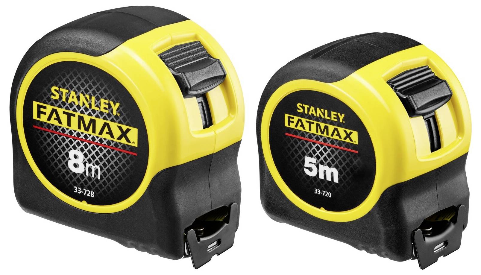 Two yellow and black Stanley FatMax tape measures, labeled '8m' and '5m'. The design features both metric and imperial markings.