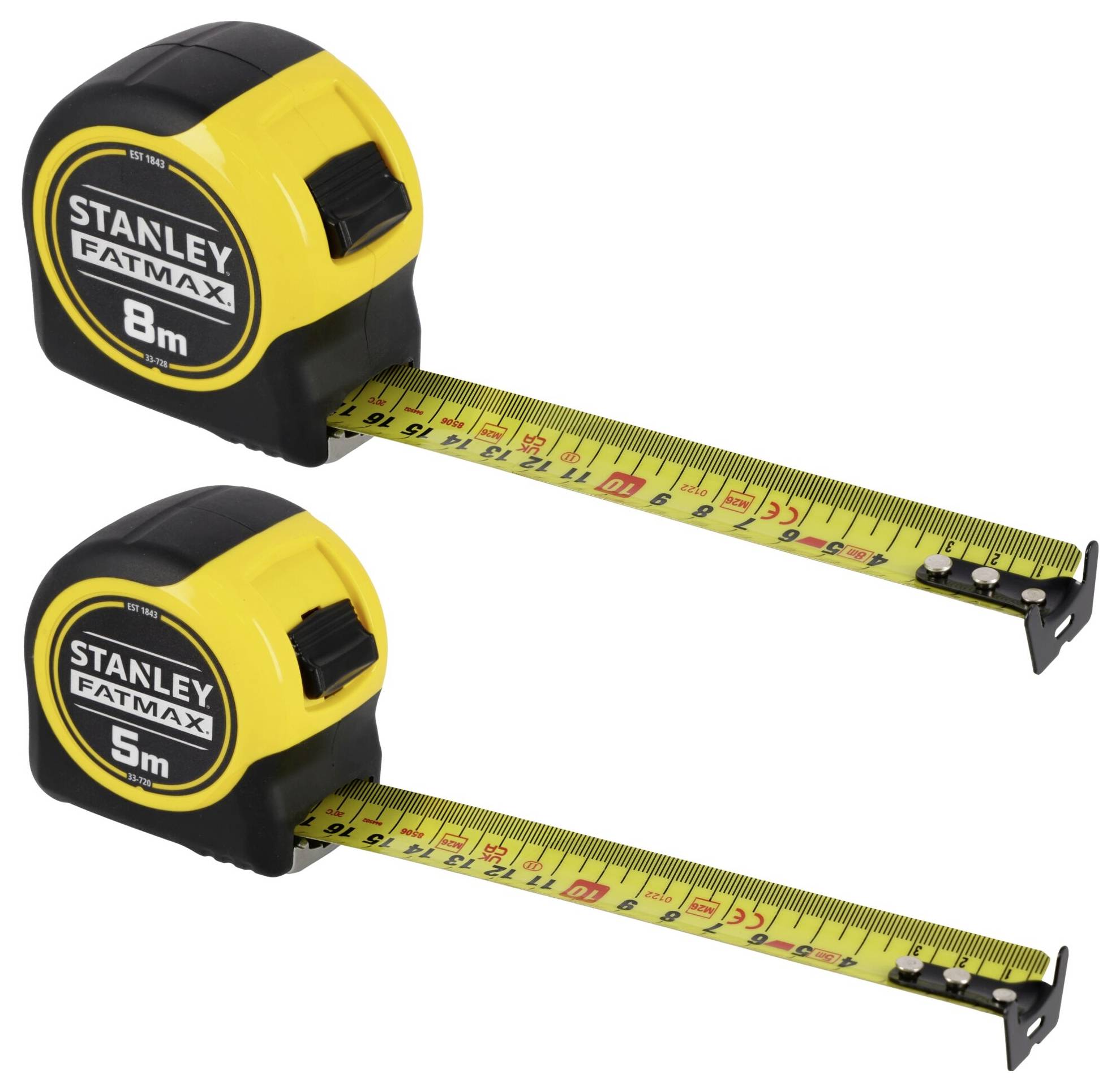 'Two Stanley FatMax tape measures, one extending to 8m and the other to 5m, with yellow and black casing and visible measurement markings.'