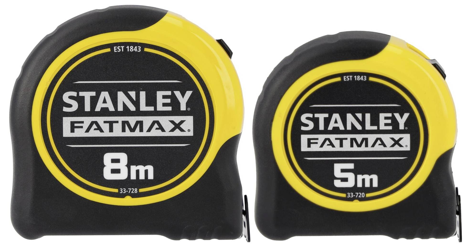 Two Stanley FatMax tape measures, one 8 meters and one 5 meters, with black casing and yellow accents.