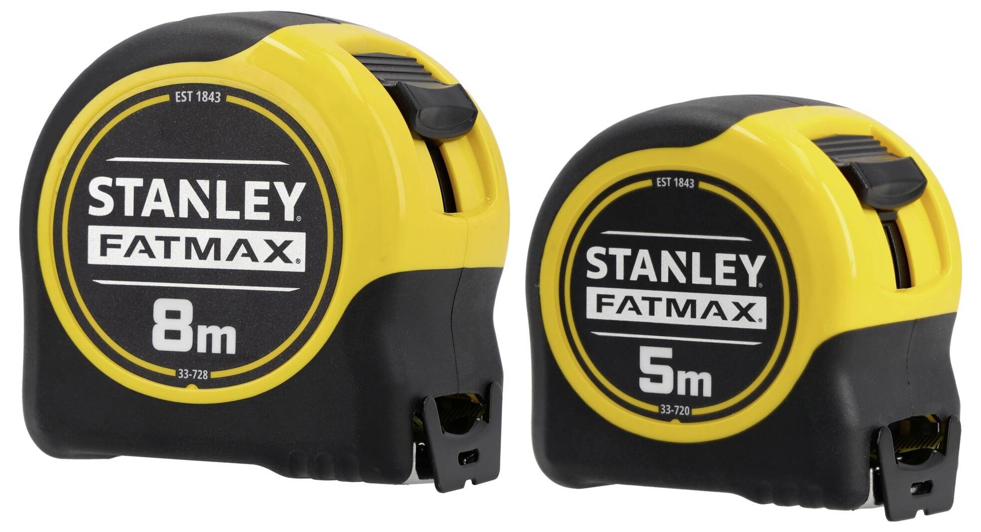 Two yellow and black tape measures, one labeled '8m' and the other '5m', with the brand 'Stanley FatMax' on the front.