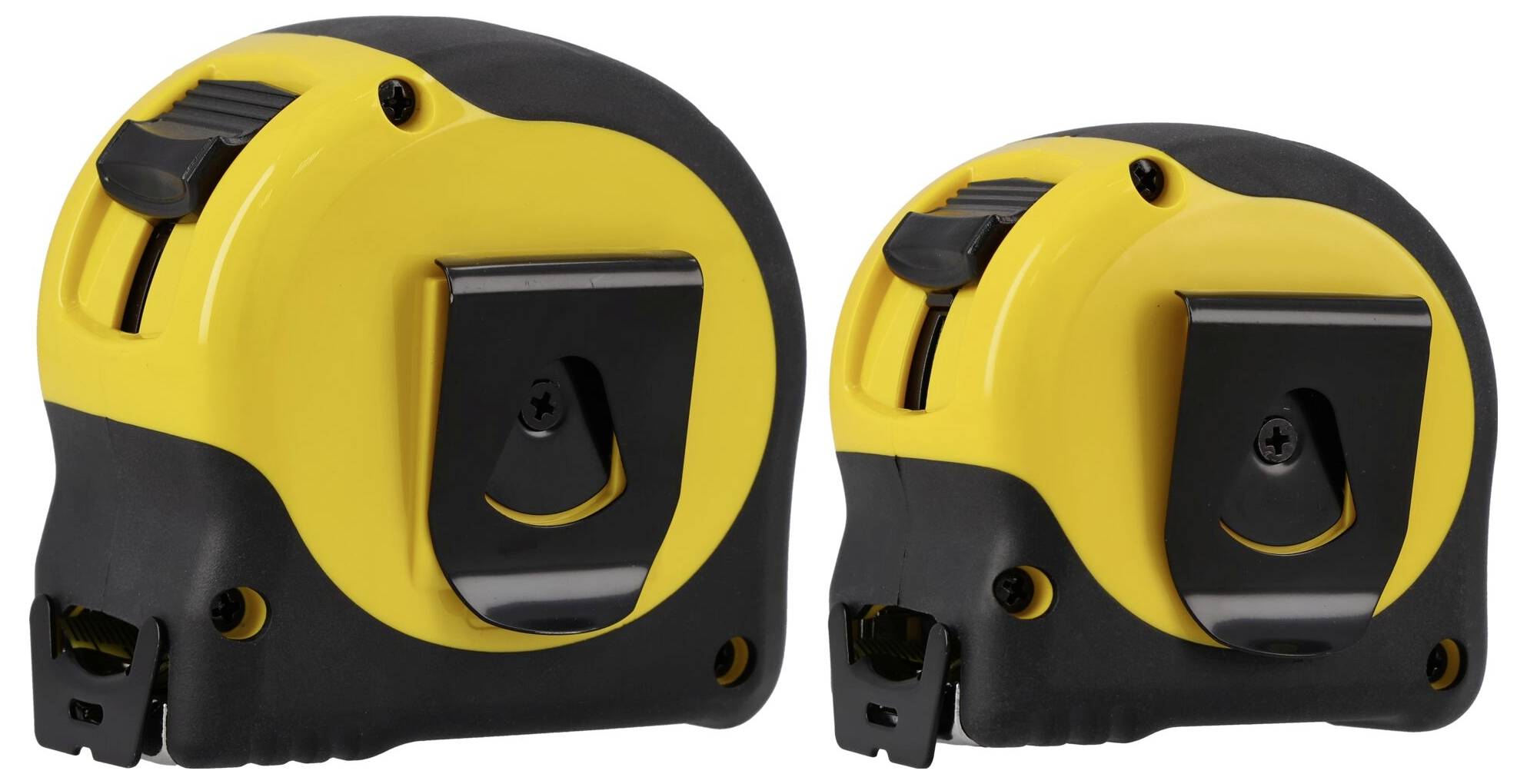 Two yellow and black tape measures, one larger and one smaller, both with metal belt clips, are positioned upright on a white background.