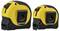Two yellow and black tape measures, one larger and one smaller, both with metal belt clips, are positioned upright on a white background.