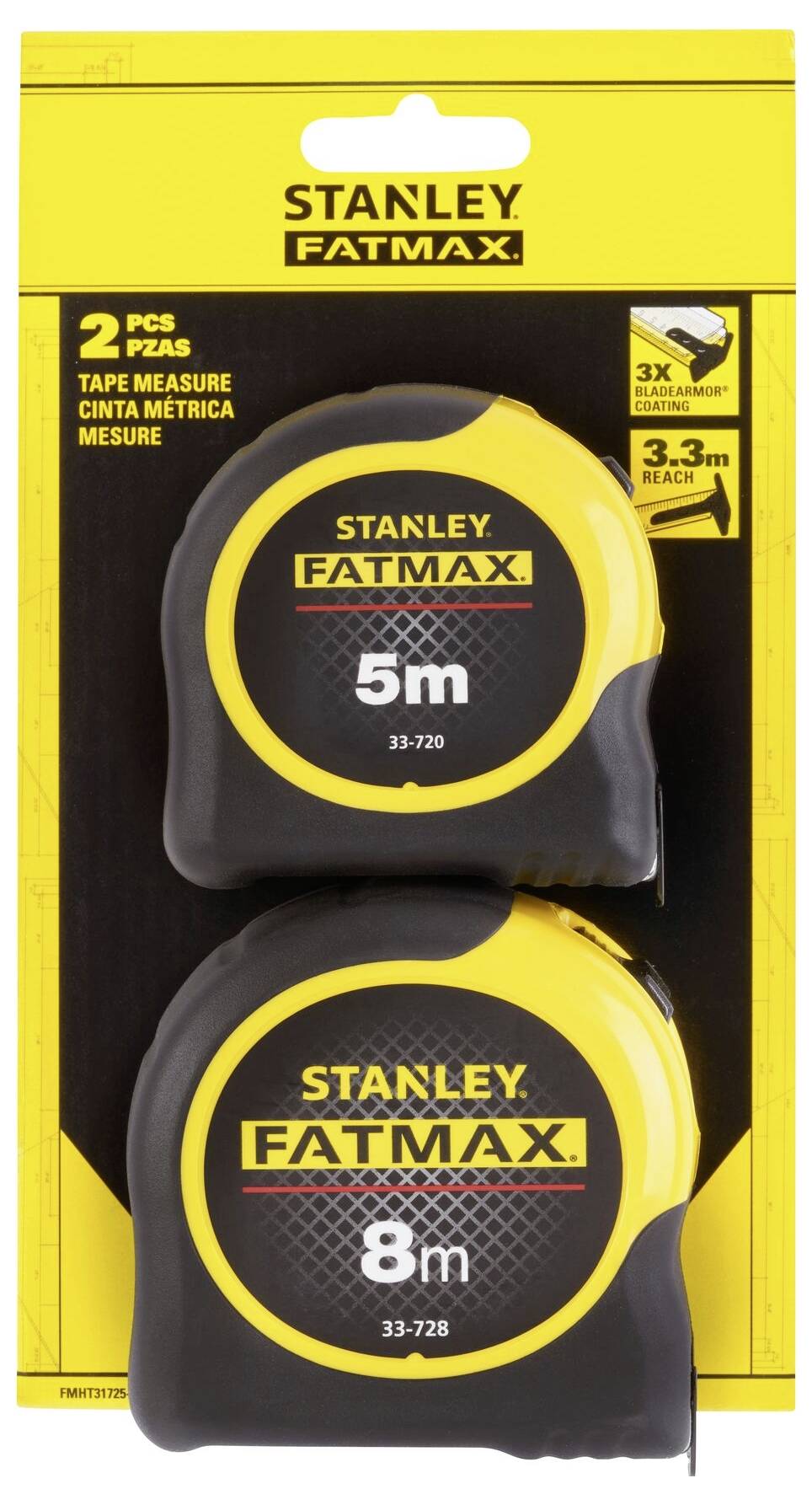 'Stanley Fatmax' tape measure pack with two pieces, 5m and 8m, showcased on a yellow and black packaging.