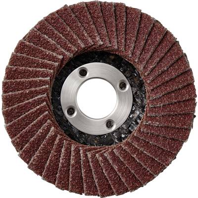 Close-up of a red abrasive flap disc grinding wheel with a metal center hub and mounting holes on a white background.