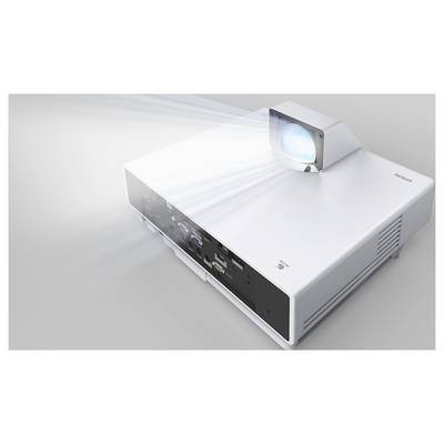 White multimedia projector projecting a bright beam from a desktop unit on a gray background.