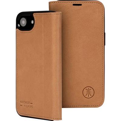 Tan leather wallet phone case with front and back views, cutout for camera, stitched edges, and 'Handmade in Europe' embossing.