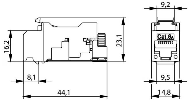 Technical line drawing of an RJ45 connector showing side and front views with dimensions in millimeters: 44.1 long, 23.1 high, 14.8 wide, and smaller detail measurements.