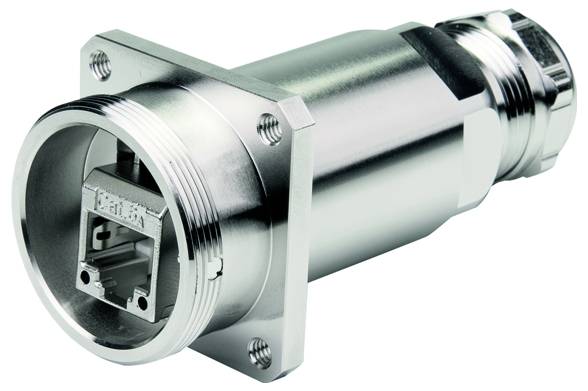 Close-up of a metal circular industrial connector with a square Ethernet-style port and mounting flange.<br>