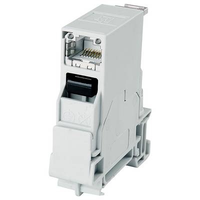 White modular electrical terminal block with a hinged front cover and gold contact pins, shown in close-up on a plain background.