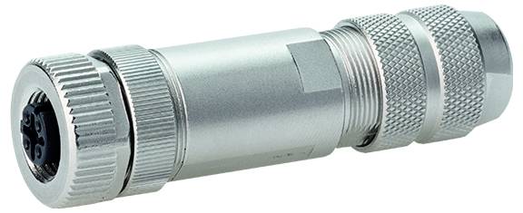 Silver circular metal cable connector with knurled grip and threaded ends, shown on a white background.