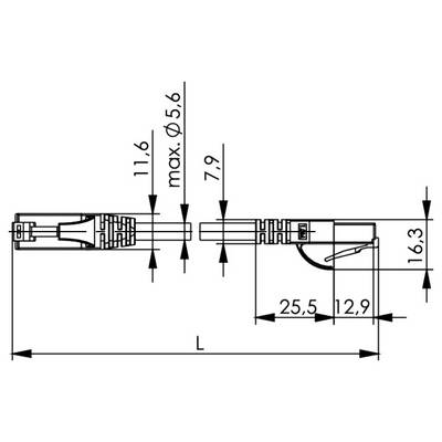 Technical line drawing of a connector plug, showing side profile with dimensions labeled L, 25.5, 12.9, 16.3, 11.6, 7.9, and max. Ø5.6.