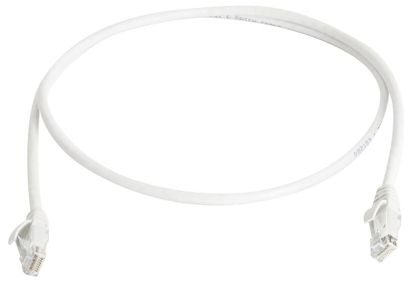 White Ethernet network cable with RJ45 connectors on both ends, shown coiled on a plain background.