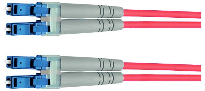 Two duplex fiber optic cable connectors, blue and gray, shown horizontally on a white background with bright red cable strands extending rightward.