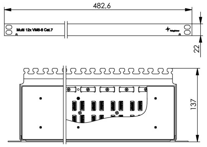 Technical drawing of a rectangular metal component labeled 'Multi 12x VM-8 Cat.7' with a connector layout and dimensions 482.6, 22, and 137 mm.