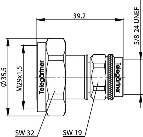 Technical drawing of a TeleGardner fitting, showing side profile with dimensions: 39.2 length, Ø35.5, M29x1.5, 5/8-24 UNEF, SW 32, and SW 19.