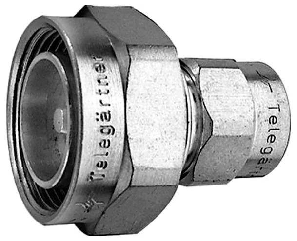 Metal coaxial cable connector with threaded coupling and hexagonal body, labeled Telegärtner<br>