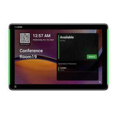 Yealink room scheduling display showing Conference Room19, QR code for check-in, time 12:57 AM, and current status Available with a Reserve button.<br>