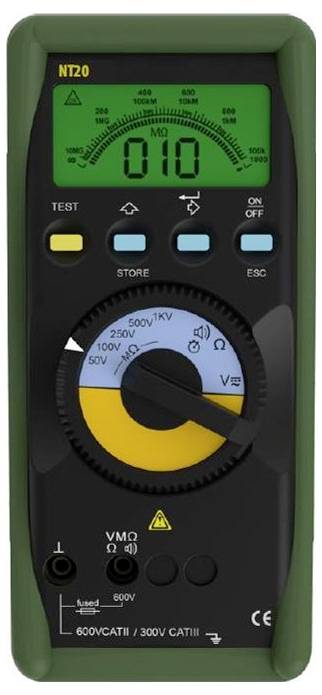 A digital multimeter with a green casing displays '010 MΩ' on the screen. It features buttons for settings and a rotary dial for measurement modes.