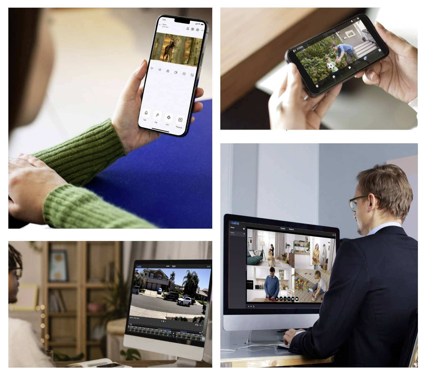 A collage of people using security camera apps on smartphones and computers, monitoring multiple video feeds in various settings.