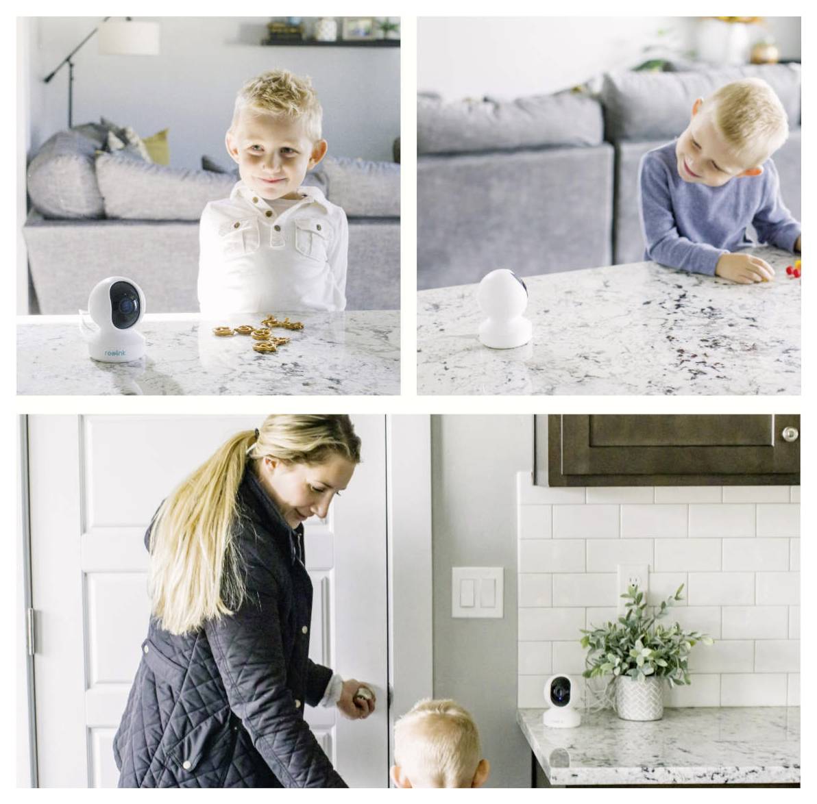 Two children at a counter with a baby monitor in the foreground; a woman with a child entering a kitchen, another view of the monitor.