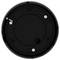 'A black circular electronic device with a smooth surface and various slots and buttons, viewed from the bottom.'