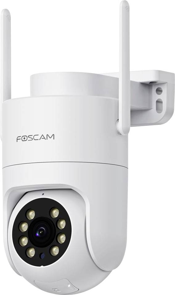 A white Foscam security camera with LED lights, mounted on a wall, featuring two antennas for wireless connectivity.