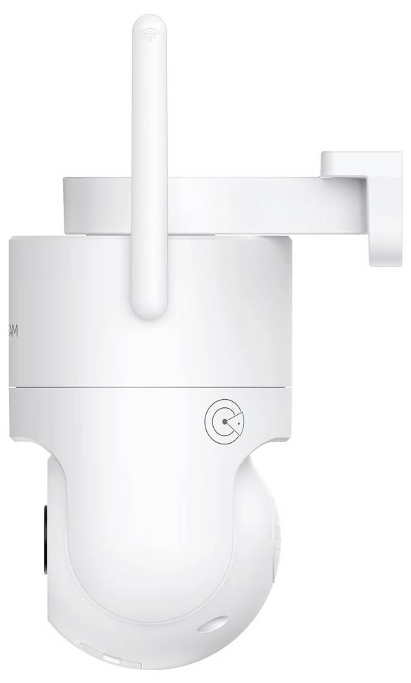 White security camera mounted sideways with an antenna and adjustable mount for potential wall installation.