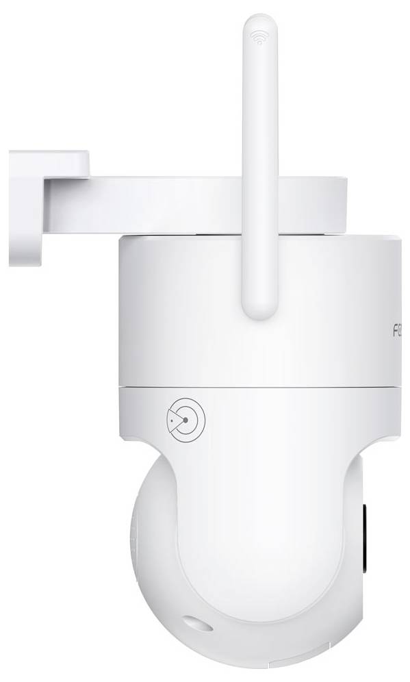 'White security camera with an antenna, wall-mounted bracket, and tilt feature, viewed from the side.'
