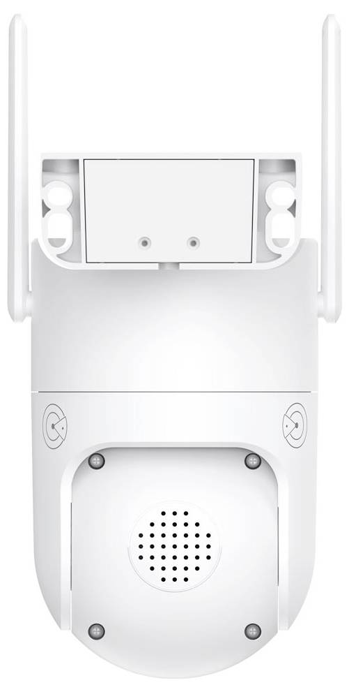 A white security camera with two antennas, mounted upside-down; the device features a speaker grill at the bottom.