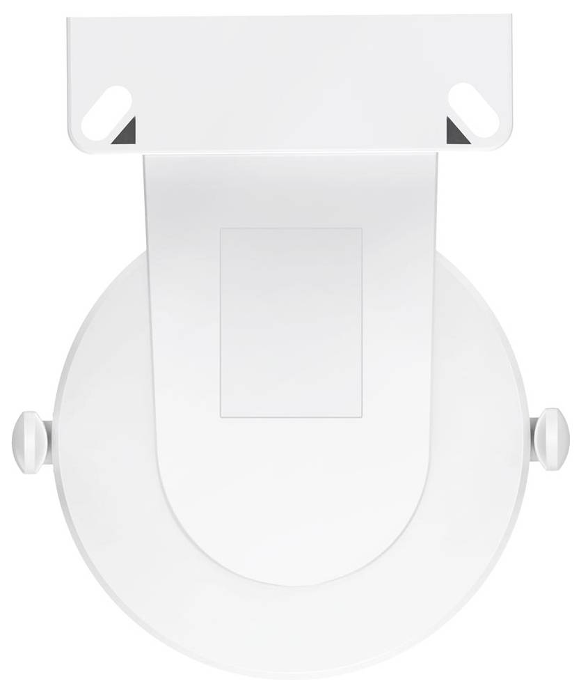 Ceiling-mounted white projector bracket with adjustable arms and knobs for tilting, designed for secure projector mounting.