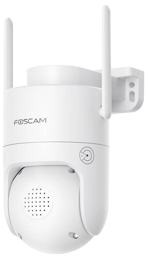 A white Foscam security camera with dual antennas is mounted on a wall, designed for outdoor monitoring.