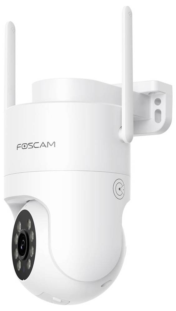 A white Foscam security camera with dual antennas, featuring a rotating lens and infrared LEDs for night vision, mounted on a wall bracket.